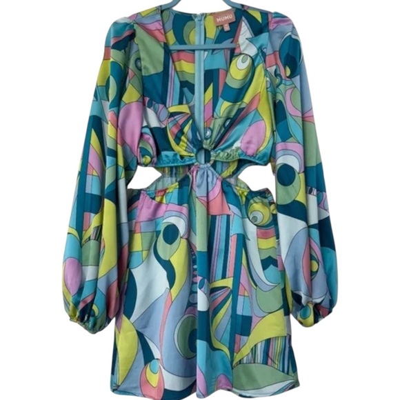Show Me Your Mumu Go Out Cut Out Mini Dress Go Go Luxe Satin Blue Green XS, M - Picture 4 of 10